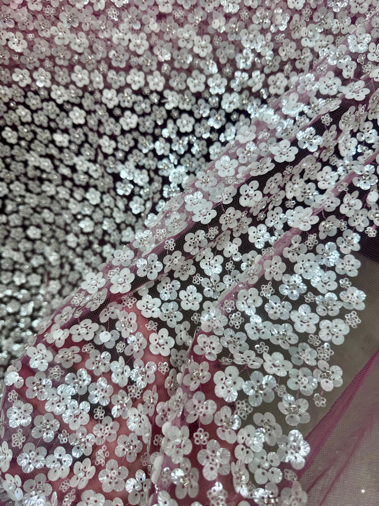 3D White Sequin Flowers on Baby Pink Mesh
