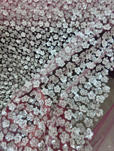 3D White Sequin Flowers on Baby Pink Mesh