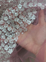 3D White Sequin Flowers on Baby Pink Mesh