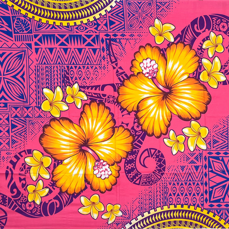 Hibiscus Plumeria Diagonal Border Polyester Fabric - Pink, Royal Blue, Light Deep Pink, 70" L x 44 1/2" W (1 Sarong)