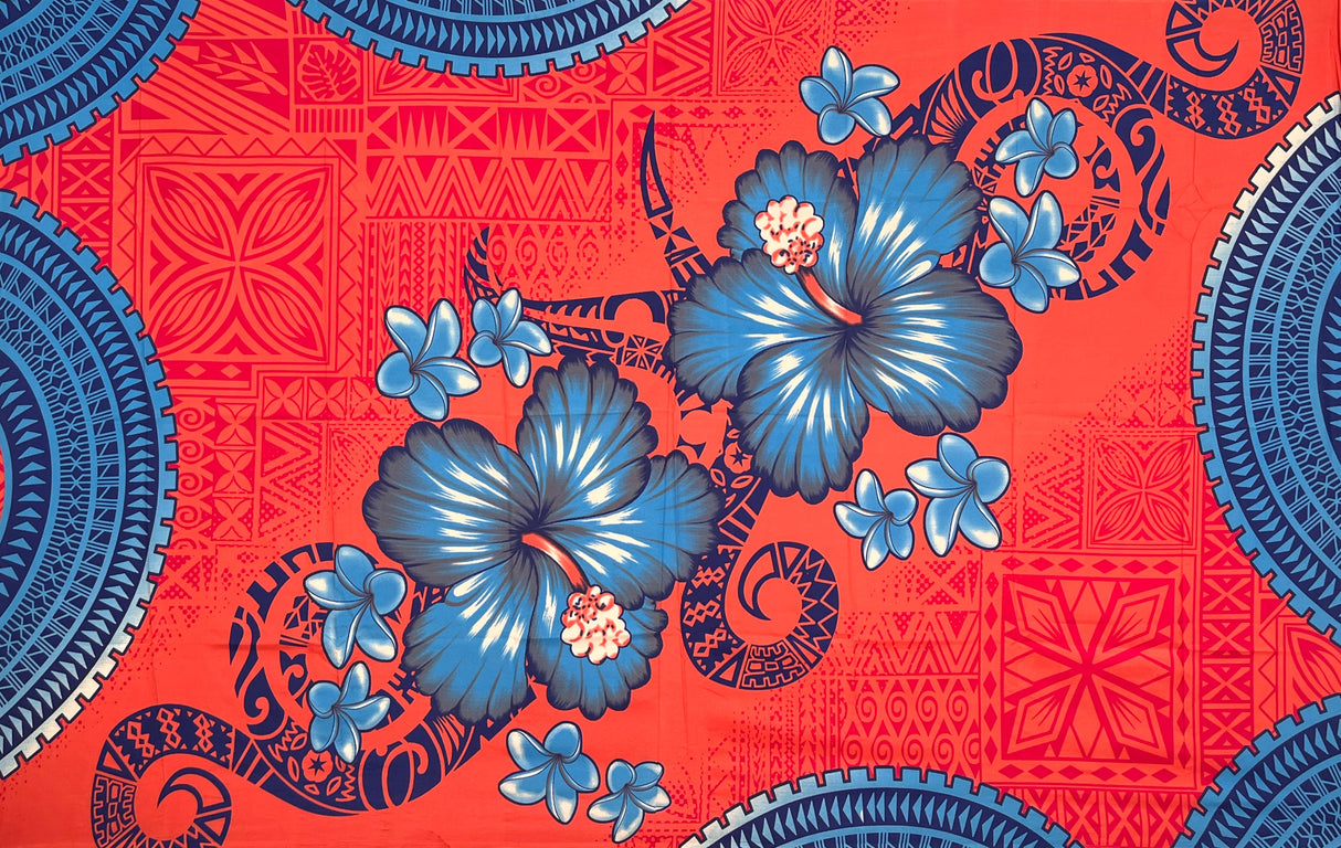 Hibiscus Plumeria Diagonal Border Polyester Fabric - Pink, Royal Blue, Light Deep Pink, Traditional Polynesian Tattoo, 70" L x 44 1/2" W (1 Sarong)