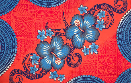 Hibiscus Plumeria Diagonal Border Polyester Fabric - Pink, Royal Blue, Light Deep Pink, Traditional Polynesian Tattoo, 70" L x 44 1/2" W (1 Sarong)