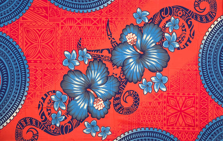 Hibiscus Plumeria Diagonal Border Polyester Fabric - Pink, Royal Blue, Light Deep Pink, 70" L x 44 1/2" W (1 Sarong)