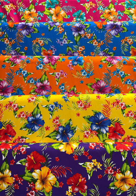Hibiscus Palm Leaves Cluster All Over Design Cotton Fabric - Purple, Fuchsia, Yellow, Orange, Blue, 36" X 45" (1 Yard)
