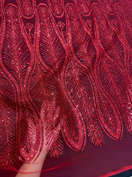 Glitter Sequin Geometric Lace Red