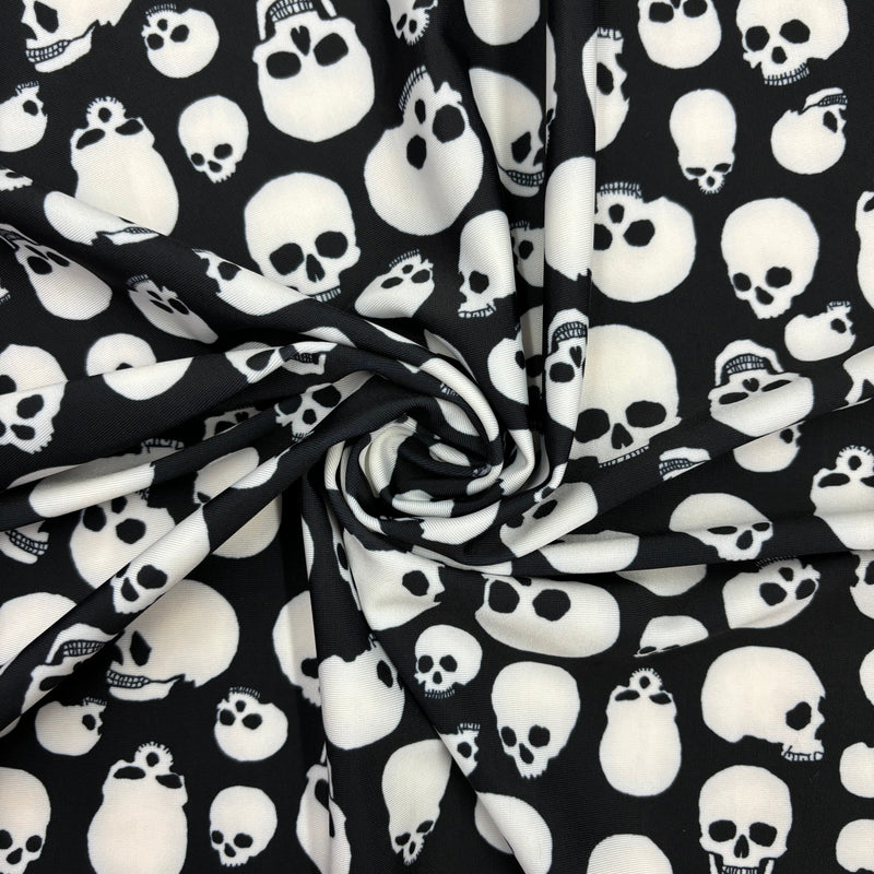 Black And White Skull Printed Spandex Fabric - Black And White Skull Print, 58"/60" Width (1 Yard)