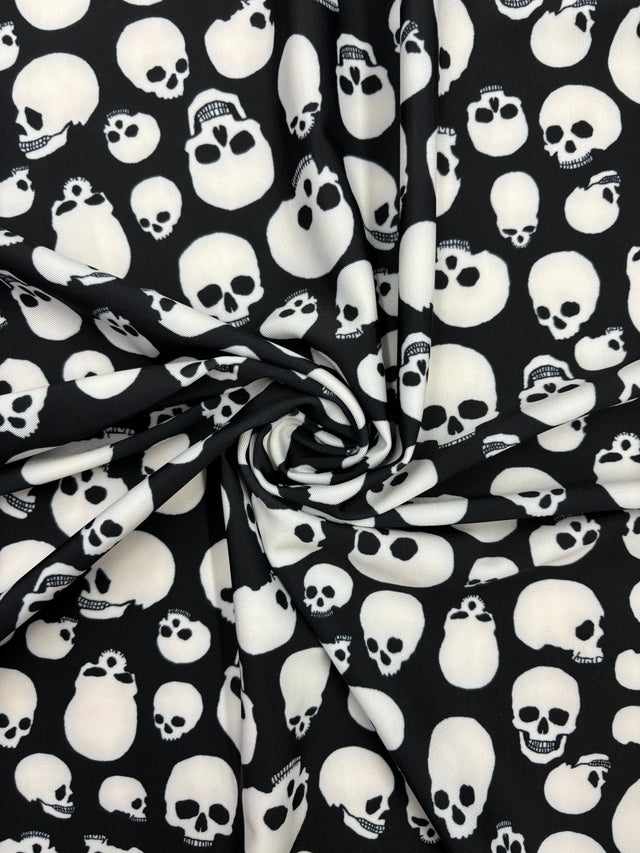 Black And White Skull Printed Spandex Fabric - Black And White Skull Print, 58"/60" Width (1 Yard)