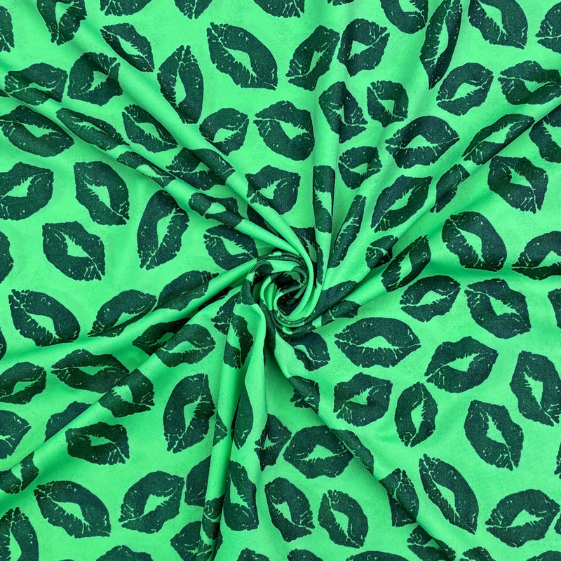 Green Kiss Print Spandex Fabric - Green Kiss Print, 58"/60" Width (1 Yard)