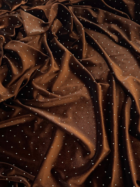 Brown Rhinestone Beaded Stretch Velvet