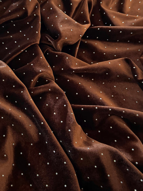 Brown Rhinestone Beaded Stretch Velvet