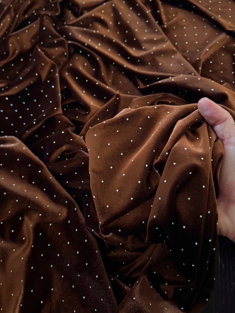 Brown Rhinestone Beaded Stretch Velvet