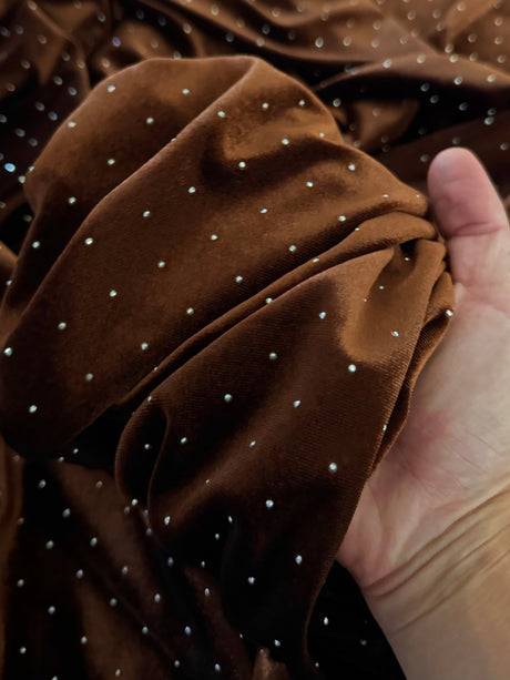 Brown Rhinestone Beaded Stretch Velvet