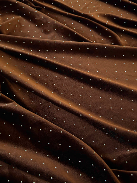 Brown Rhinestone Beaded Stretch Velvet