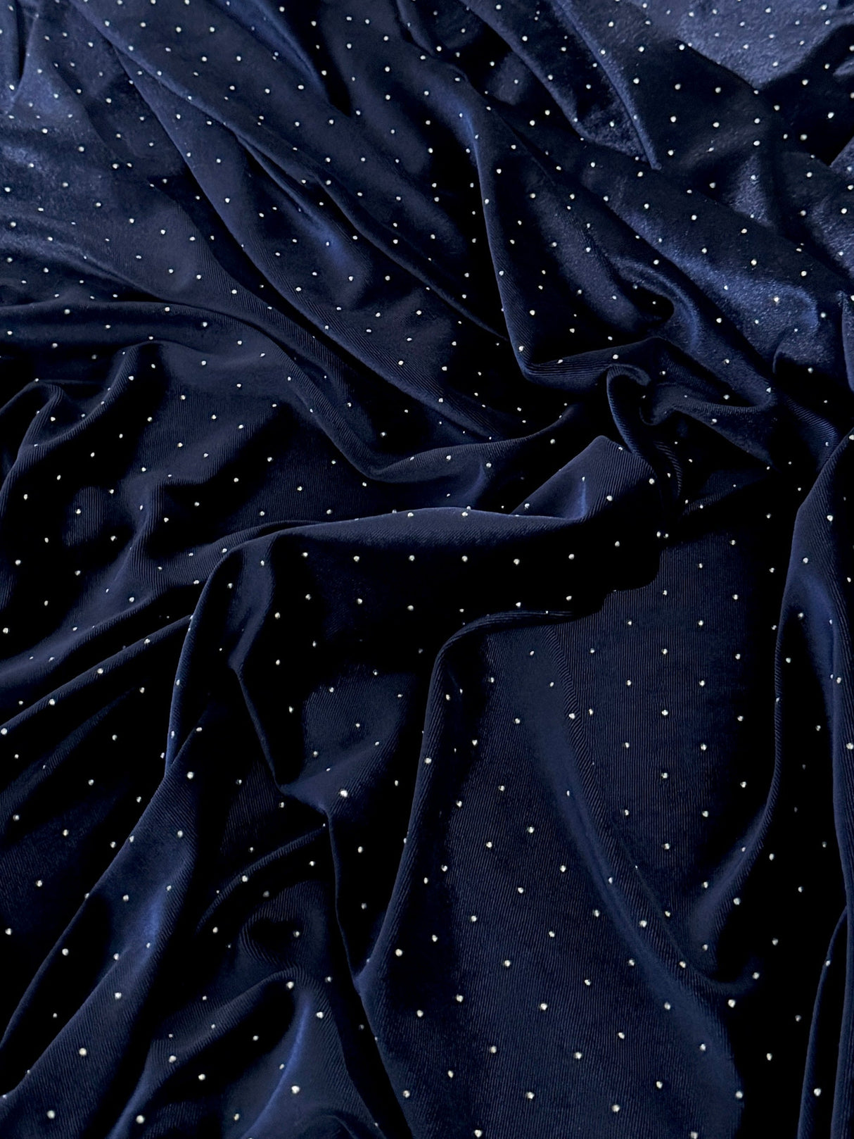 Rhinestone Beaded Stretch Velvet Navy Blue
