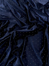Rhinestone Beaded Stretch Velvet Navy Blue