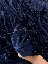 Rhinestone Beaded Stretch Velvet Navy Blue