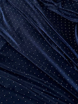 Rhinestone Beaded Stretch Velvet Navy Blue