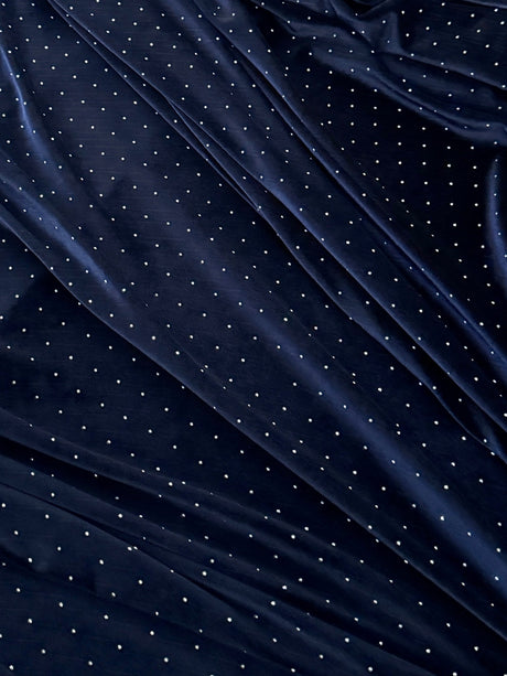 Rhinestone Beaded Stretch Velvet Navy Blue