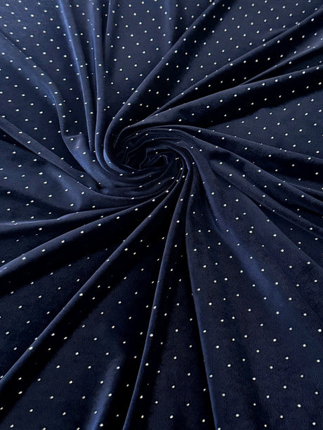 Rhinestone Beaded Stretch Velvet Navy Blue