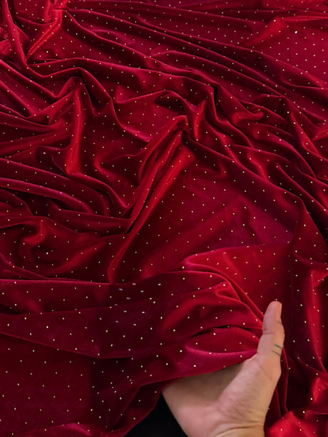 Rhinestone Beaded Stretch Velvet Red