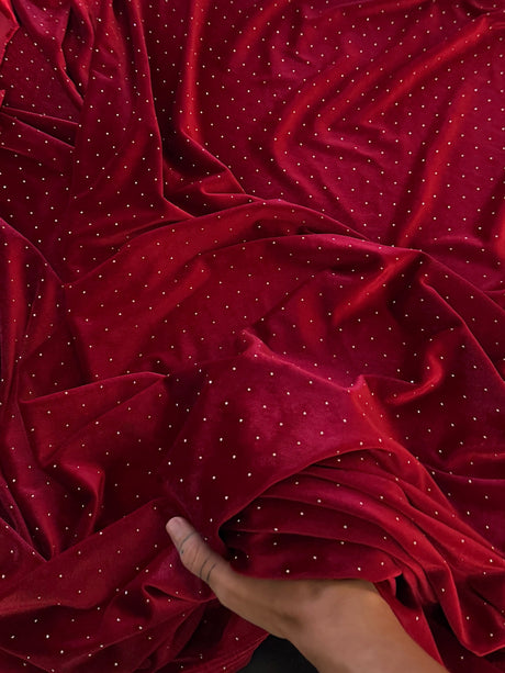 Rhinestone Beaded Stretch Velvet Red