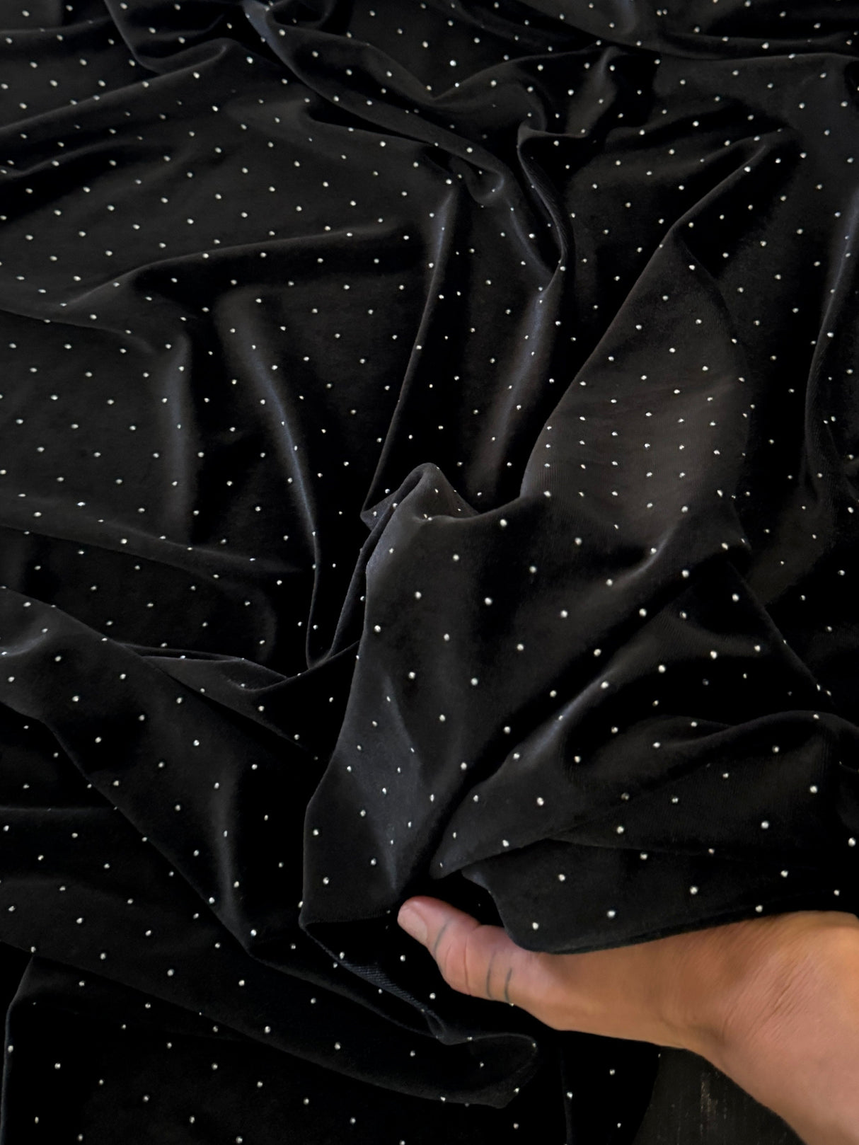 Stretch Velvet with Rhinestone Beading Black