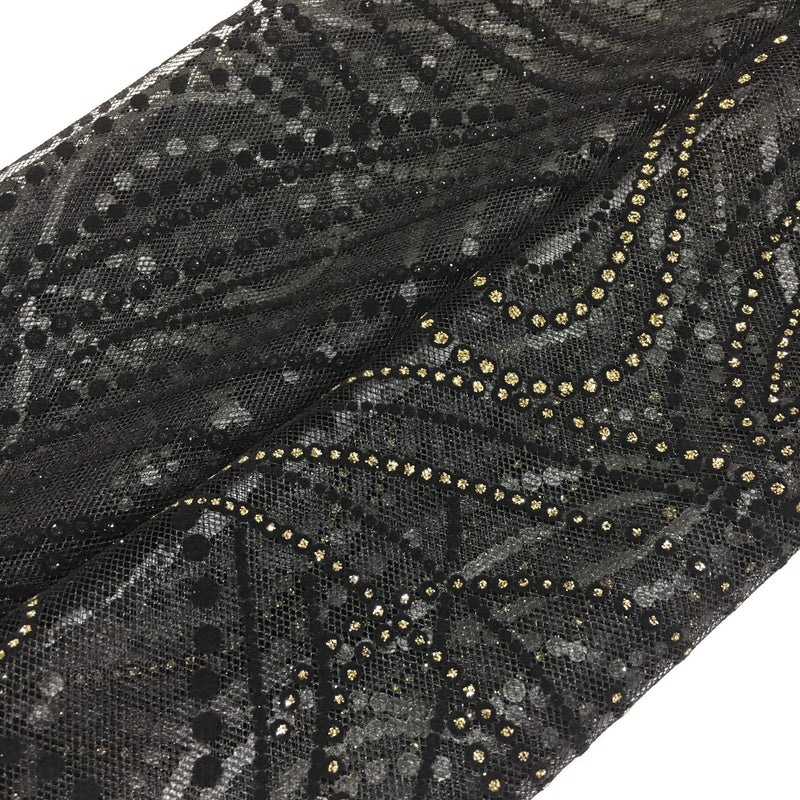 Metallic Flocked Tulle - Metallic Nylon Tulle, Gold Glitter/Black Glitter, Flocked Pattern (1 Yard)
