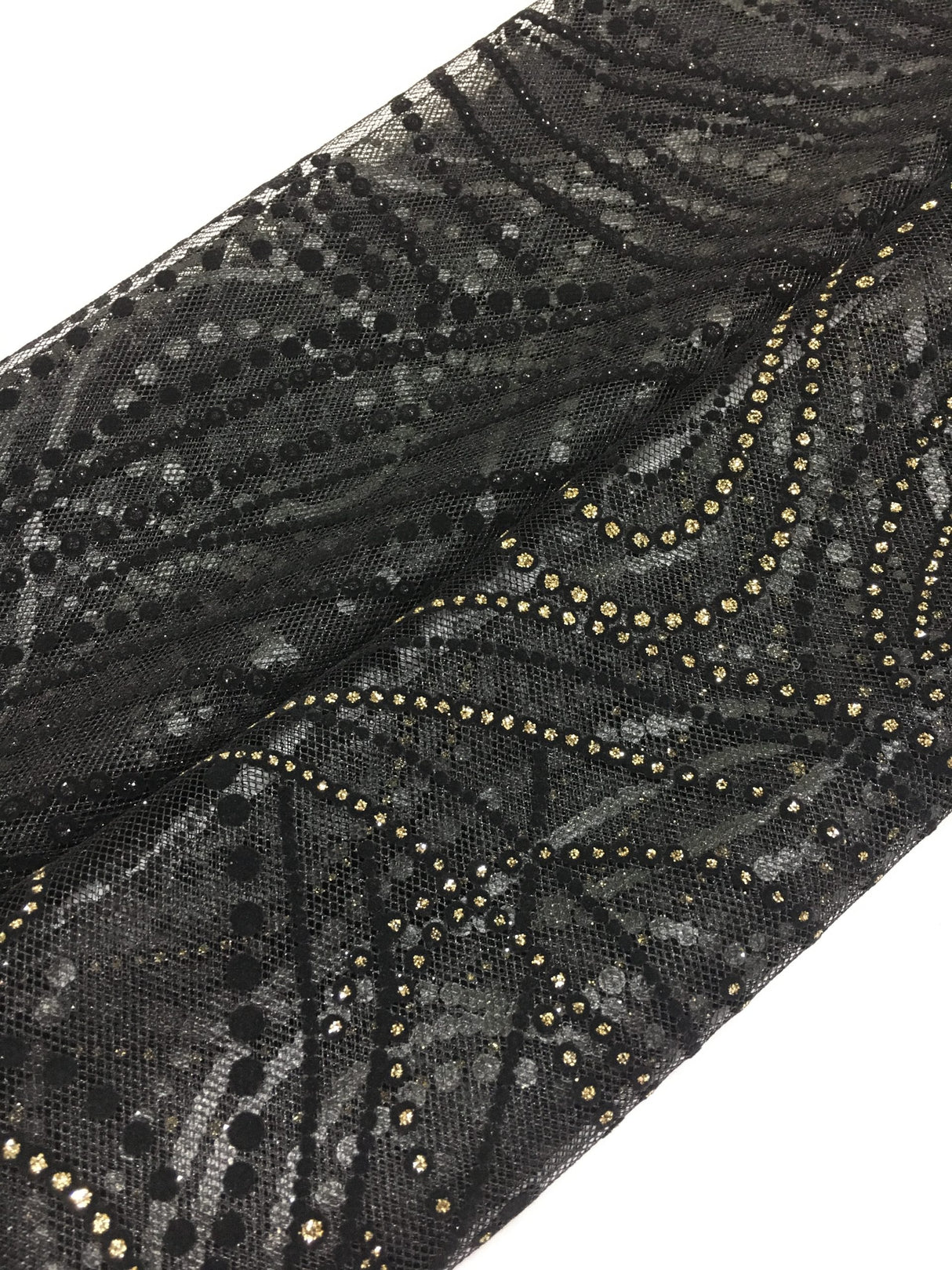 Metallic Flocked Tulle - Metallic Nylon Tulle, Gold Glitter/Black Glitter, Flocked Pattern (1 Yard)