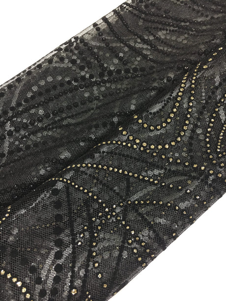 Metallic Flocked Tulle - Metallic Nylon Tulle, Gold Glitter/Black Glitter, Flocked Pattern (1 Yard)