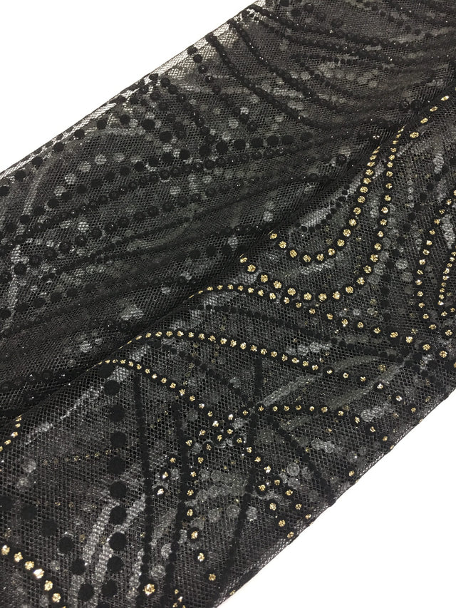 Metallic Flocked Tulle - Metallic Nylon Tulle, Gold Glitter/Black Glitter, Flocked Pattern (1 Yard)