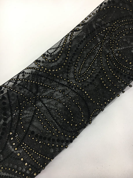Metallic Flocked Tulle - Metallic Nylon Tulle, Gold Glitter/Black Glitter, Flocked Pattern (1 Yard)