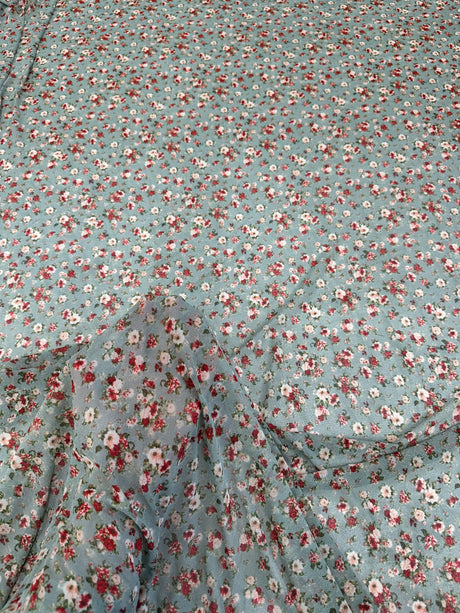 Printed Power Mesh Sage Mini Flowers