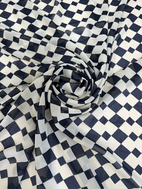 Printed Viscose Chiffon Ivory Black Checkers