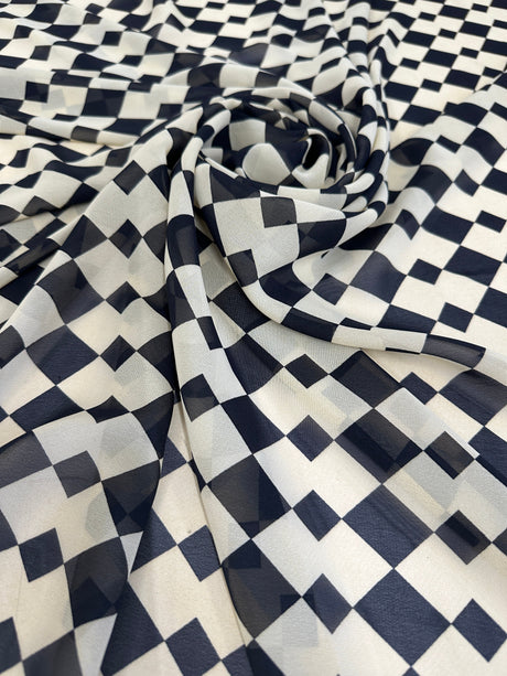 Printed Viscose Chiffon Ivory Black Checkers