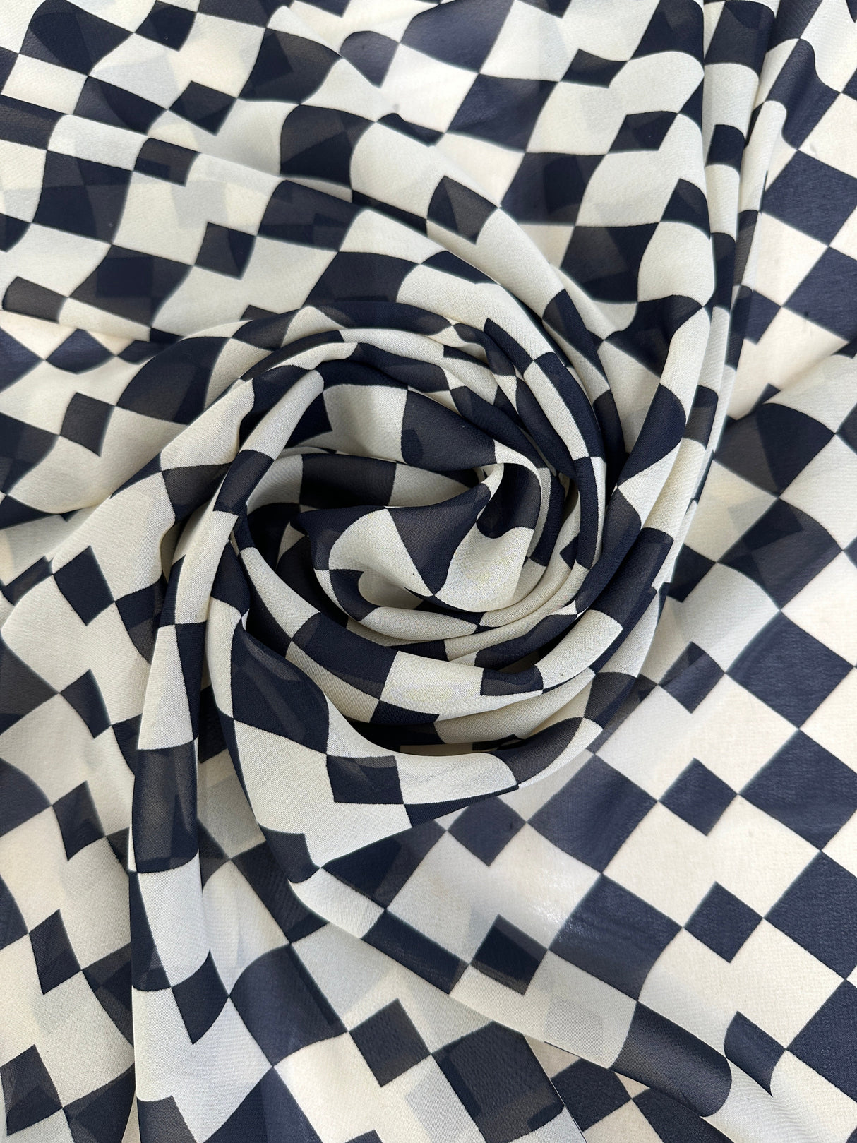Printed Viscose Chiffon Ivory Black Checkers