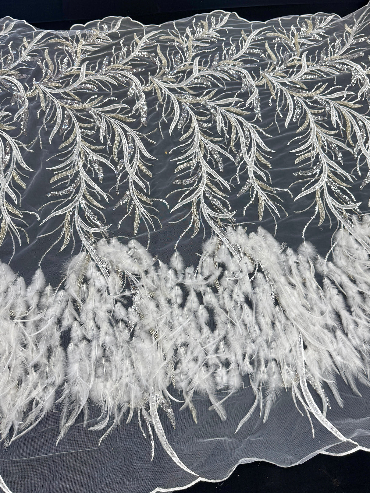Feather Sequin Embroidered Scalloped Lace