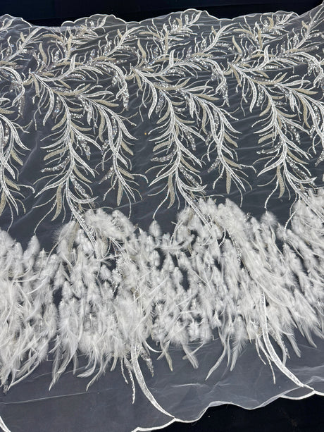 Feather Sequin Embroidered Scalloped Lace