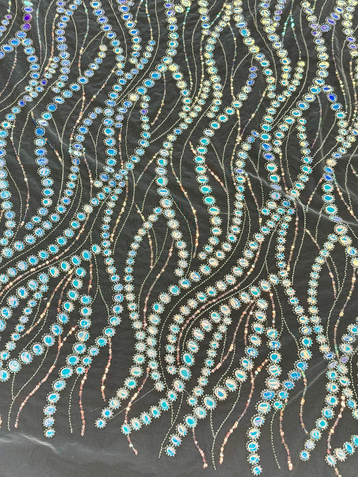 Stretch Sequin Wave Lace White Iridescent