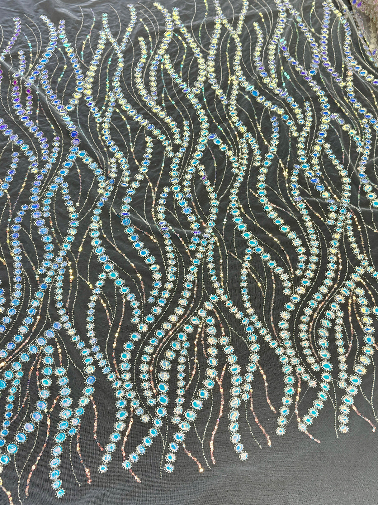Stretch Sequin Wave Lace White Iridescent