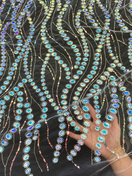 Stretch Sequin Wave Lace White Iridescent