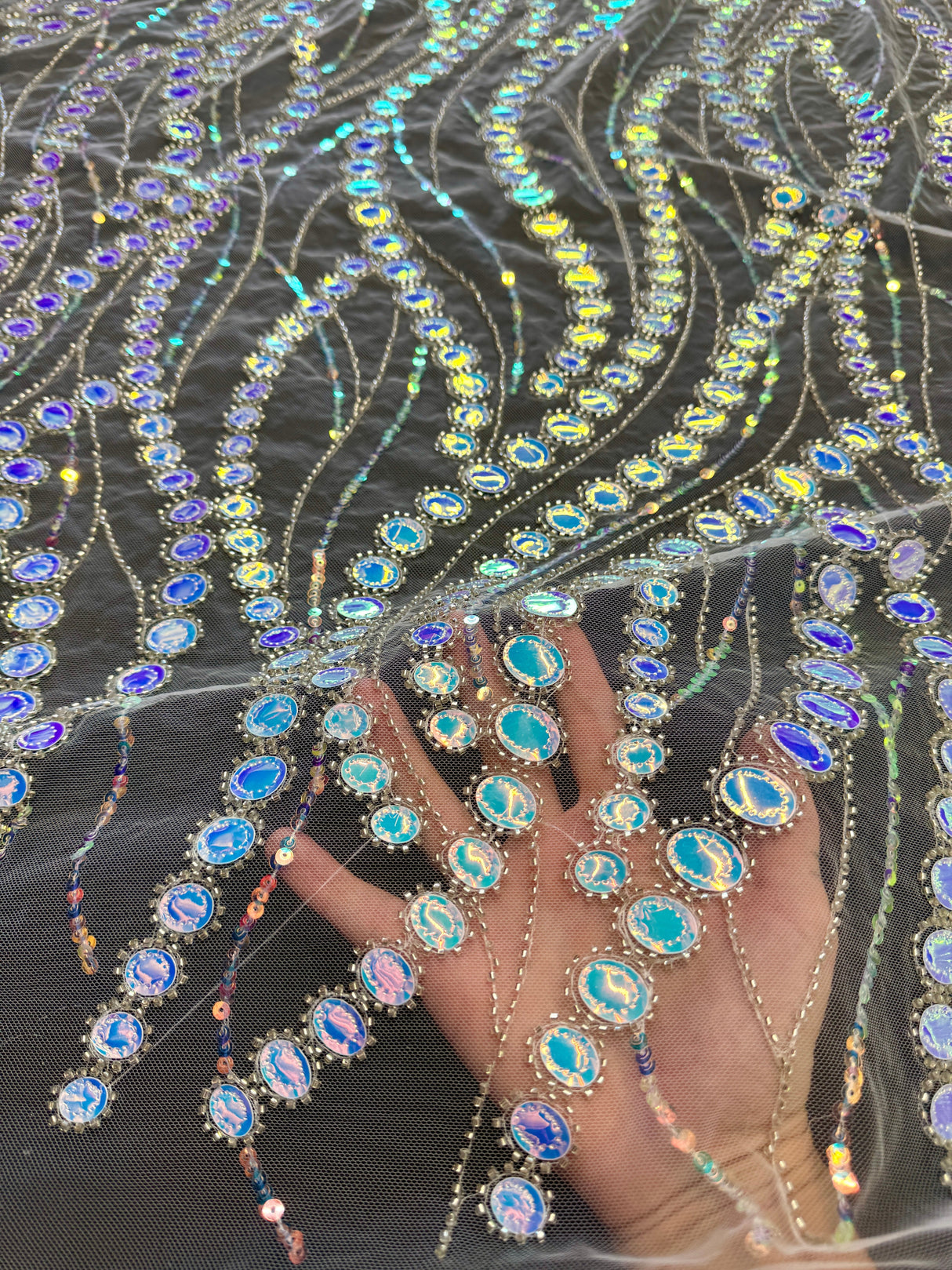 Stretch Sequin Wave Lace White Iridescent
