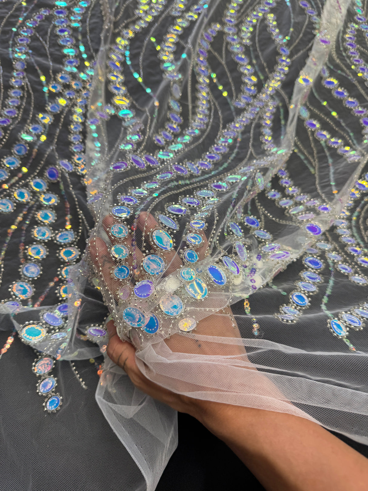 Stretch Sequin Wave Lace White Iridescent