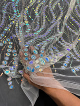 Stretch Sequin Wave Lace White Iridescent