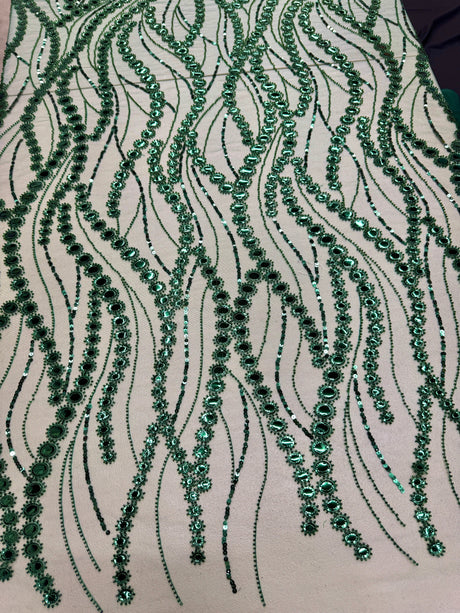 Stretch Mirror Sequin Wave Lace Emerald Green