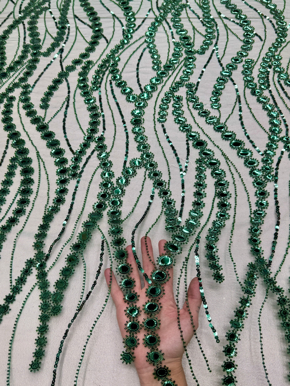 Stretch Mirror Sequin Wave Lace Emerald Green