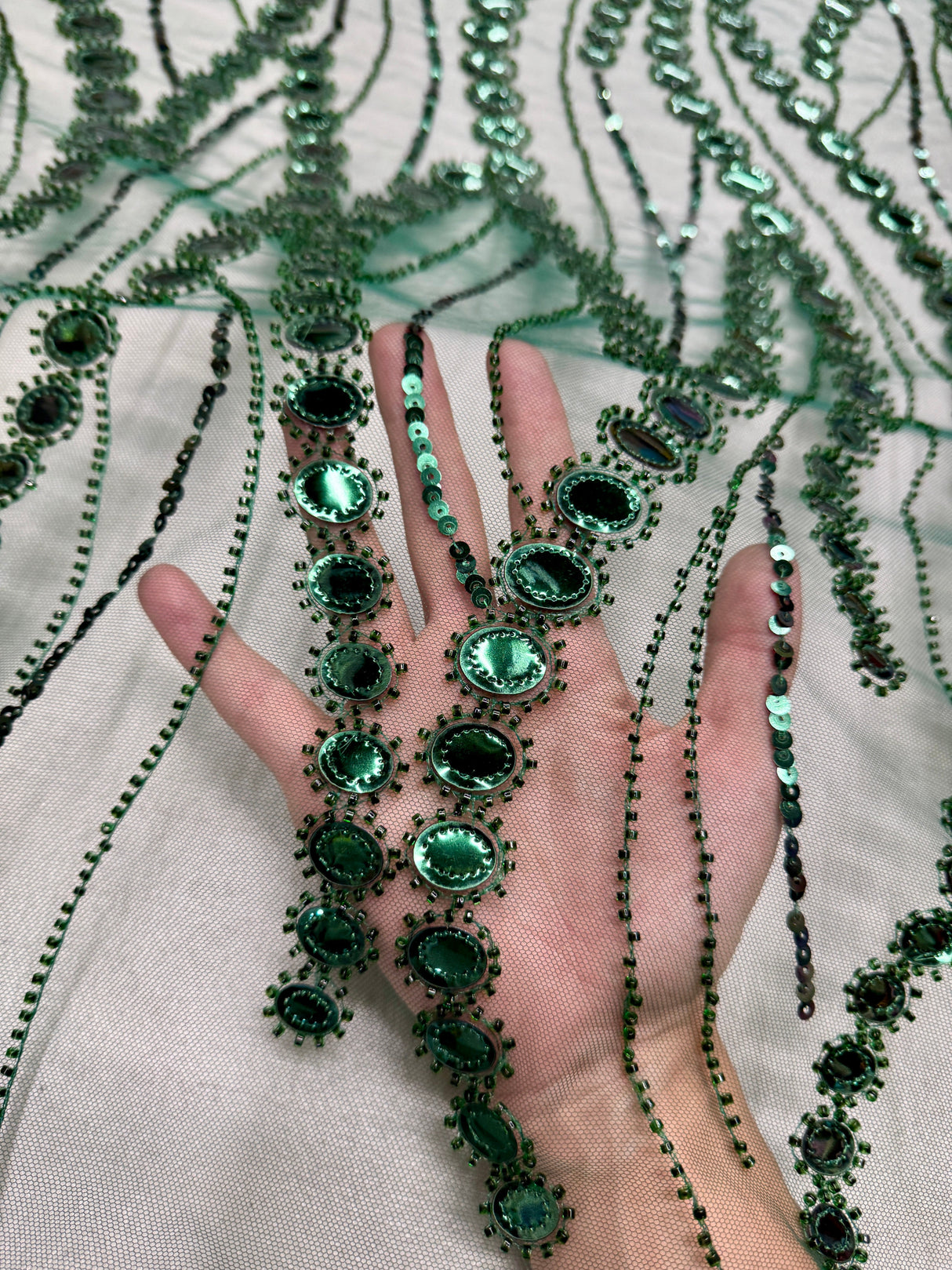 Stretch Mirror Sequin Wave Lace Emerald Green