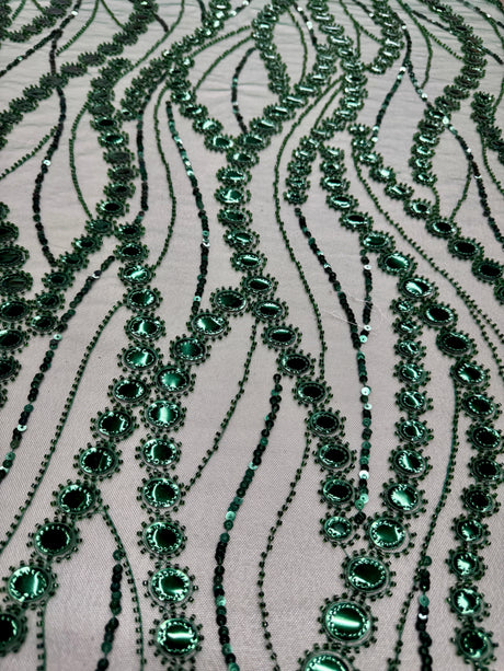 Stretch Mirror Sequin Wave Lace Emerald Green