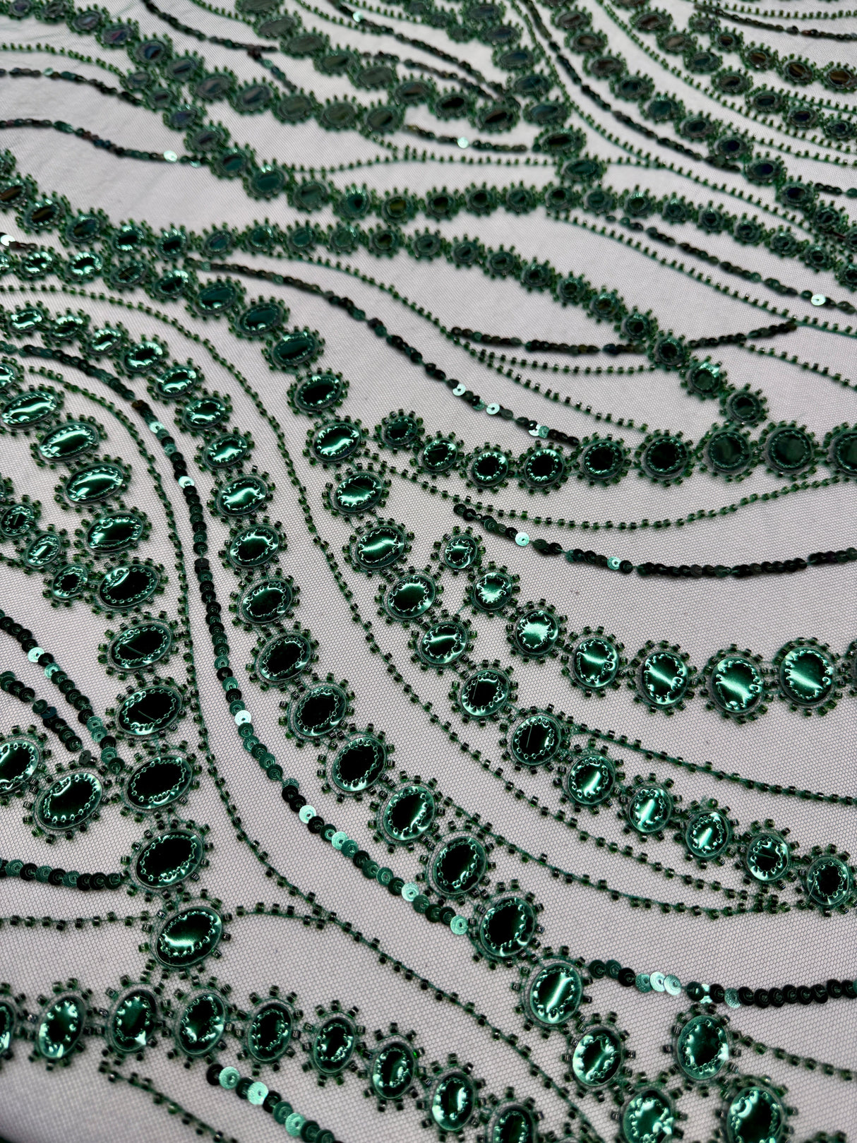 Stretch Mirror Sequin Wave Lace Emerald Green