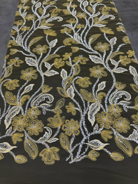 Yellow 3D Floral Tulle Beaded Lace Mesh