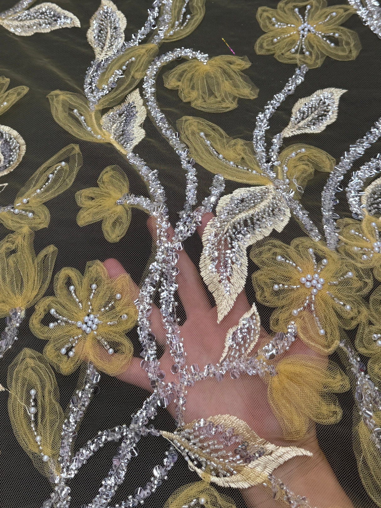 Yellow 3D Floral Tulle Beaded Lace Mesh